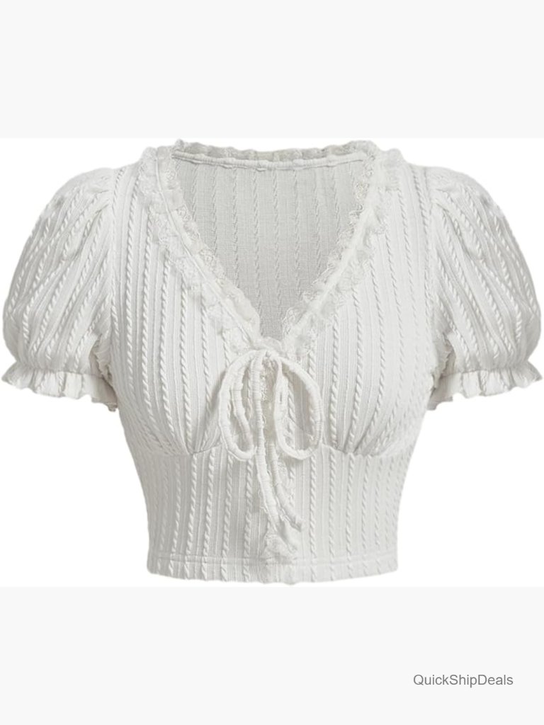 Knot Front Lace Trim Puff Sleeve V Neck Crop Tee Top